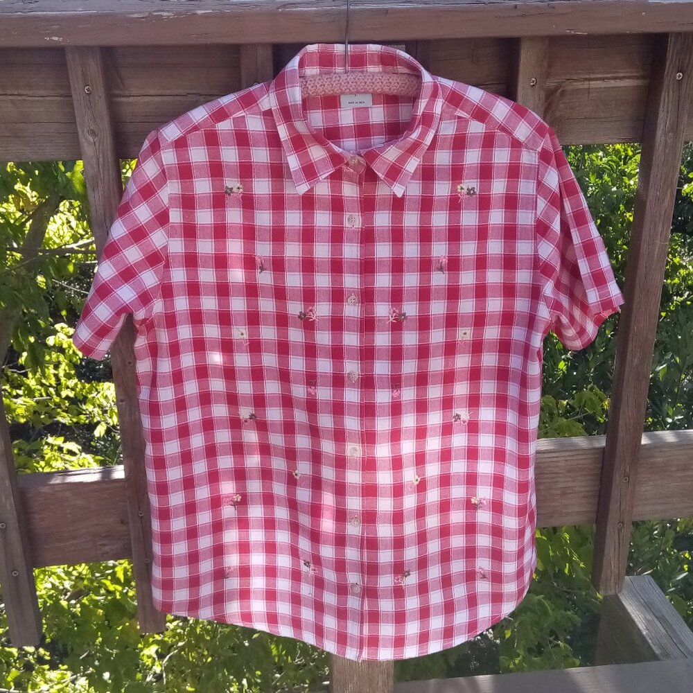 Cascade Blues gingham checkered flowered blouse sz L
